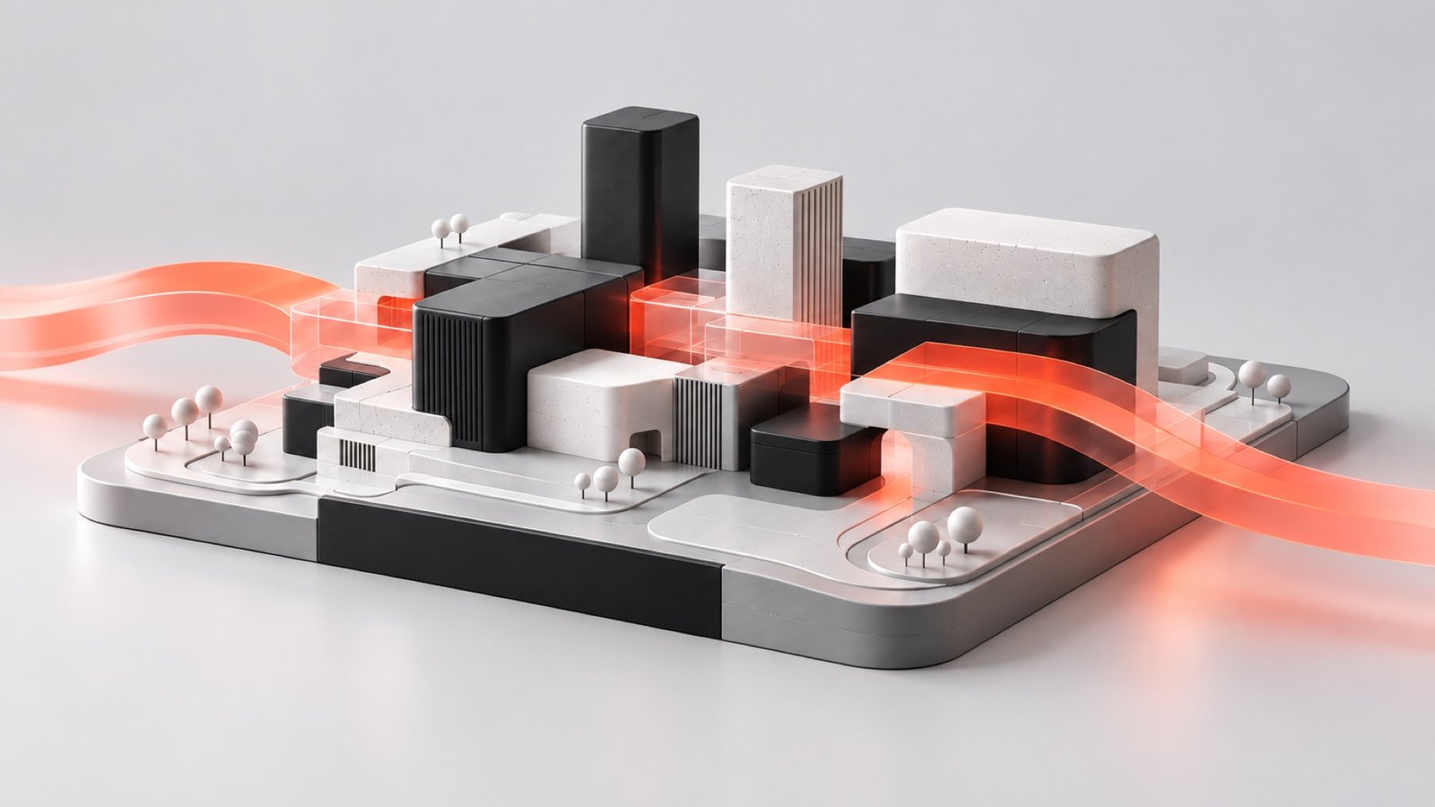 Modelo tridimensional de uma cidade atravessada por um fluxo de dados coral